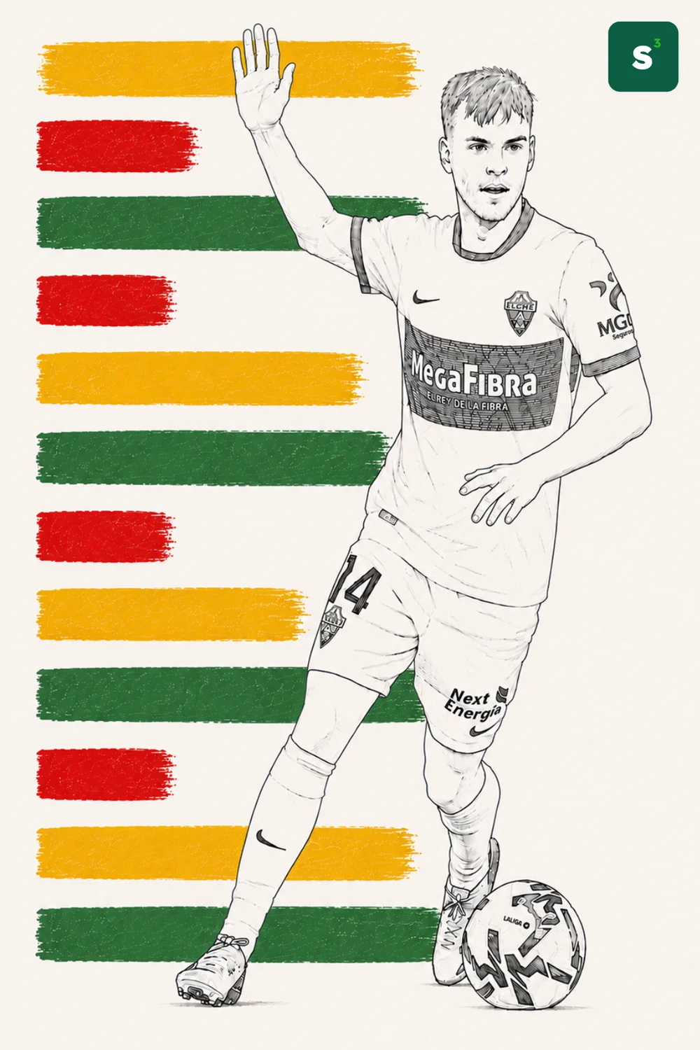 Ilustración a lápiz de Aleix Febas con la camiseta del Elche CF