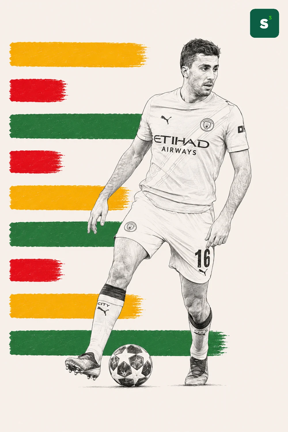 Pencil illustration of Rodri wearing the Manchester City kit